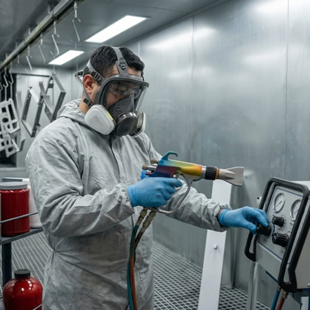 Pistola electrostática configurada para controlar carga, flujo y transferencia del polvo en Bogotá, Colombia. Montajes, Ingeniería y Construcción. MIC SAS.