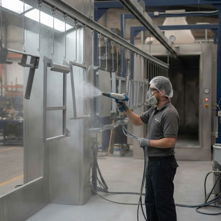 Línea de pintura en polvo organizada para reducir desperdicios, defectos y reprocesos en Bogotá, Colombia. Montajes, Ingeniería y Construcción. MIC SAS.
