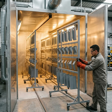 Horno industrial operando con temperatura y tiempo ajustados al recubrimiento aplicado en Bogotá, Colombia. Montajes, Ingeniería y Construcción. MIC SAS.