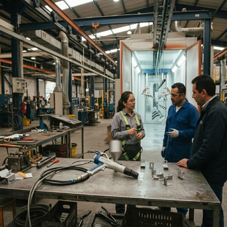 Operario aplicando pintura en polvo con un sistema manual flexible para lotes variados en Bogotá, Colombia. Montajes, Ingeniería y Construcción. MIC SAS.