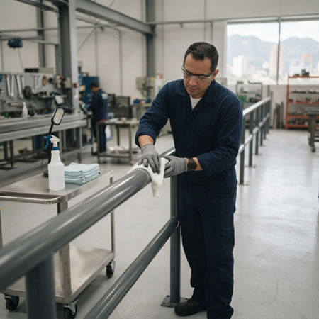 Paño de microfibra y detergente neutro cuidando un acabado electrostático uniforme en Bogotá, Colombia. Montajes, Ingeniería y Construcción. MIC SAS.