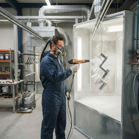 Trabajador protegido frente a partículas finas durante la aplicación electrostática en Bogotá, Colombia. Montajes, Ingeniería y Construcción. MIC SAS.