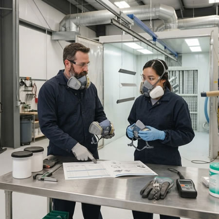 Respirador, gafas, guantes, ropa y calzado protegiendo al operador durante la aplicación en Bogotá, Colombia. Montajes, Ingeniería y Construcción. MIC SAS.
