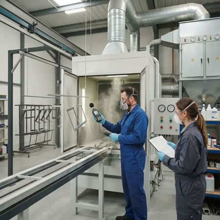 Extracción localizada capturando partículas cerca de la cabina de pintura electrostática en Bogotá, Colombia. Montajes, Ingeniería y Construcción. MIC SAS.