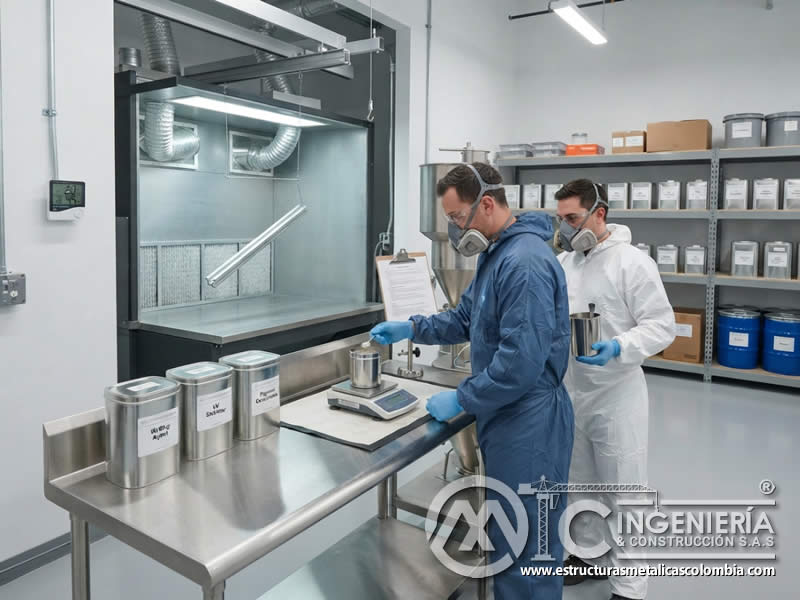 Manipulación y almacenamiento seguro de aditivos y pigmentos utilizados en preparación de pintura en polvo electrostática, controlando compatibilidad, humedad, contaminación, exposición, dosificación y protección personal en Bogotá, Colombia. Montajes, Ingeniería y Construcción. MIC SAS.