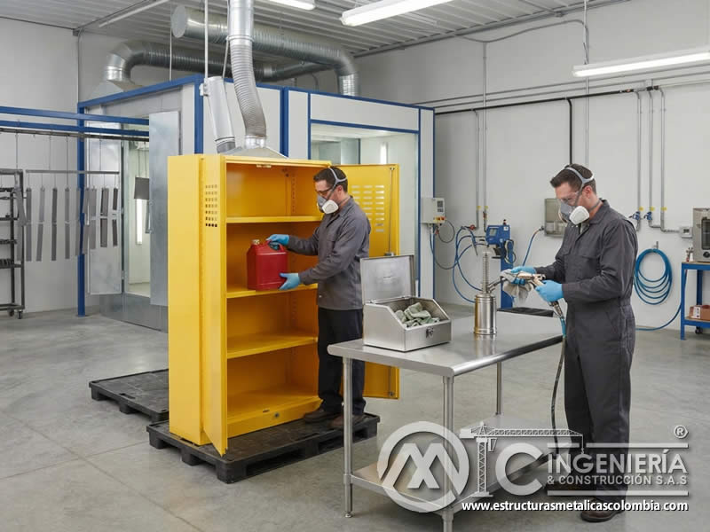 Almacenamiento seguro de solventes y productos químicos inflamables usados en limpieza de equipos de pintura en polvo electrostática, con gabinetes adecuados, ventilación, contención, recipientes cerrados y separación de ignición en Bogotá, Colombia. Montajes, Ingeniería y Construcción. MIC SAS.