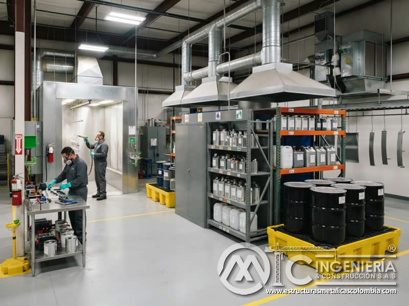 Áreas adecuadas de almacenamiento para productos químicos y solventes utilizados en pintura en polvo electrostática, con ventilación, segregación, contención secundaria, recipientes cerrados, orden, compatibilidad y control de riesgos en Bogotá, Colombia. Montajes, Ingeniería y Construcción. MIC SAS.