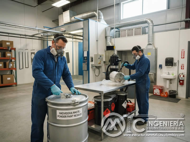 Disposición adecuada de envases vacíos y residuos de pintura en polvo electrostática de manera segura y ambientalmente responsable, separando materiales, evitando dispersión, cerrando recipientes y preparando gestión de residuos en Bogotá, Colombia. Montajes, Ingeniería y Construcción. MIC SAS.