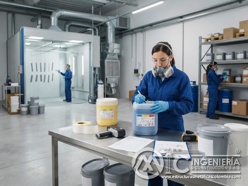 Etiquetado adecuado de recipientes de pintura en polvo electrostática para manipulación segura, identificando contenido, lote, riesgos, instrucciones de manejo, compatibilidad, estado del material y condiciones de almacenamiento en Bogotá, Colombia. Montajes, Ingeniería y Construcción. MIC SAS.