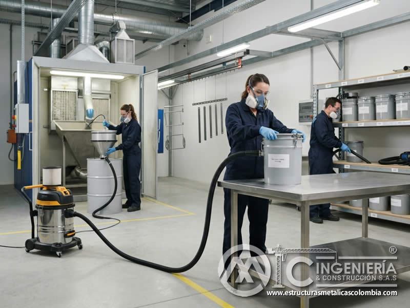 Medidas para evitar acumulación de polvo o residuos alrededor de contenedores de pintura en polvo electrostática, aplicando limpieza por aspiración industrial, orden, cierre de envases, control de transferencias y ventilación en Bogotá, Colombia. Montajes, Ingeniería y Construcción. MIC SAS.
