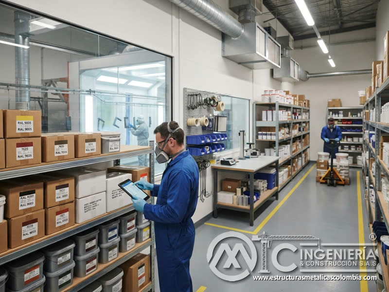 Inventario actualizado y ordenado de materiales de pintura en polvo electrostática en el área de almacenamiento, facilitando trazabilidad, rotación, control de lotes, fechas, colores, cantidades, estado de recipientes y disponibilidad segura en Bogotá, Colombia. Montajes, Ingeniería y Construcción. MIC SAS.