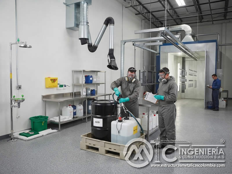 Medidas de seguridad al manejar productos químicos corrosivos o ácidos en pretratamiento de superficies para pintura en polvo, usando contención, EPP, ventilación, duchas de emergencia, compatibilidad, transferencia segura y respuesta ante derrames en Bogotá, Colombia. Montajes, Ingeniería y Construcción. MIC SAS.