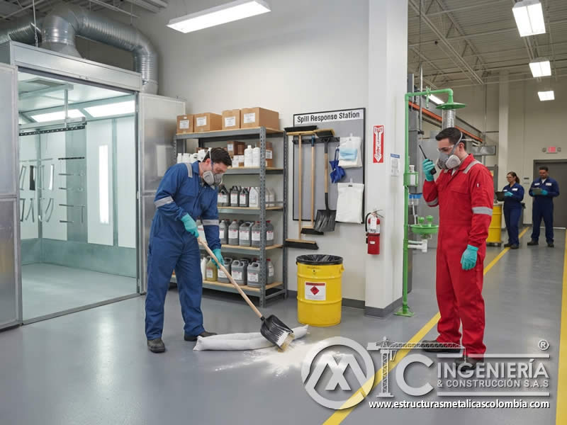 Procedimientos de emergencia y protocolos de seguridad al manipular y almacenar productos químicos para pintura en polvo electrostática, incluyendo derrames, exposición, incendios, evacuación, contención, EPP y comunicación interna en Bogotá, Colombia. Montajes, Ingeniería y Construcción. MIC SAS.