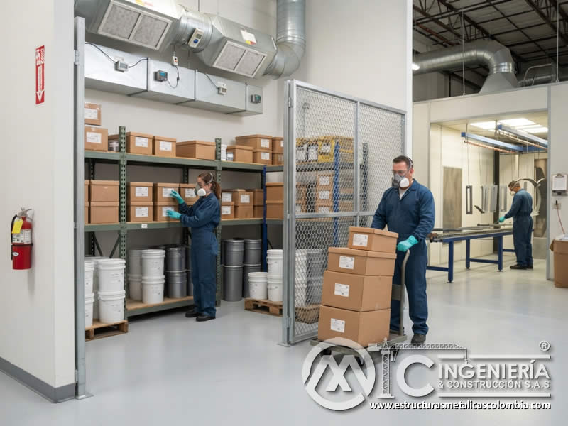 Protección de áreas de almacenamiento de pintura en polvo electrostática contra fuentes de calor o chispas, mediante separación de equipos energizados, control de ignición, ventilación, limpieza y manejo de polvo combustible en Bogotá, Colombia. Montajes, Ingeniería y Construcción. MIC SAS.