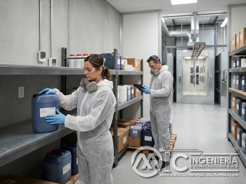 Protección de materiales y productos químicos contra luz solar directa o radiación UV en almacenamiento para pintura en polvo electrostática, evitando degradación, cambios de viscosidad, humedad, alteración del polvo y fallas de acabado en Bogotá, Colombia. Montajes, Ingeniería y Construcción. MIC SAS.