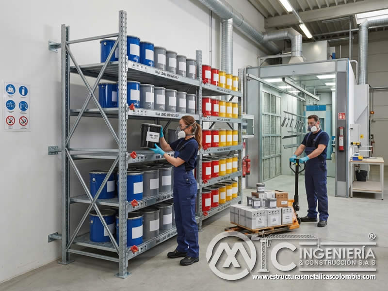 Diseño de estanterías o racks para soportar recipientes de pintura en polvo electrostática, evaluando carga, estabilidad, anclaje, acceso, altura, resistencia estructural, prevención de caídas y manipulación segura en Bogotá, Colombia. Montajes, Ingeniería y Construcción. MIC SAS.
