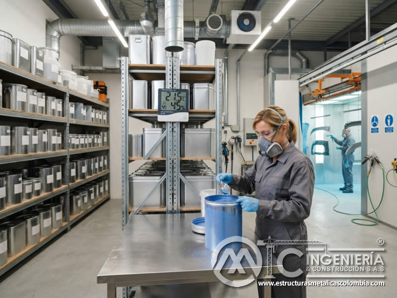 Control de temperatura y humedad en almacenamiento de pintura en polvo electrostática para conservar fluidez, estabilidad, adherencia, comportamiento electrostático, vida útil del material y calidad final del recubrimiento en Bogotá, Colombia. Montajes, Ingeniería y Construcción. MIC SAS.