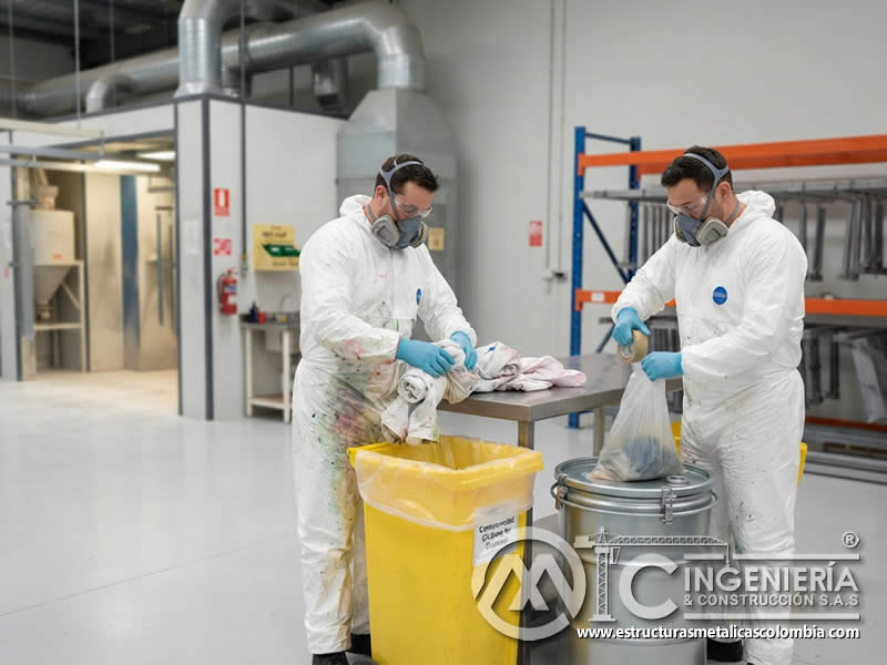 Desecho adecuado de ropa de trabajo contaminada con pintura en polvo mediante separación, contención y residuos controlados en Bogotá, Colombia. Montajes, Ingeniería y Construcción. MIC SAS. Desecho adecuado de ropa de trabajo contaminada con pintura en polvo mediante separación, contención y residuos controlados en Bogotá, Colombia. Montajes, Ingeniería y Construcción. MIC SAS.