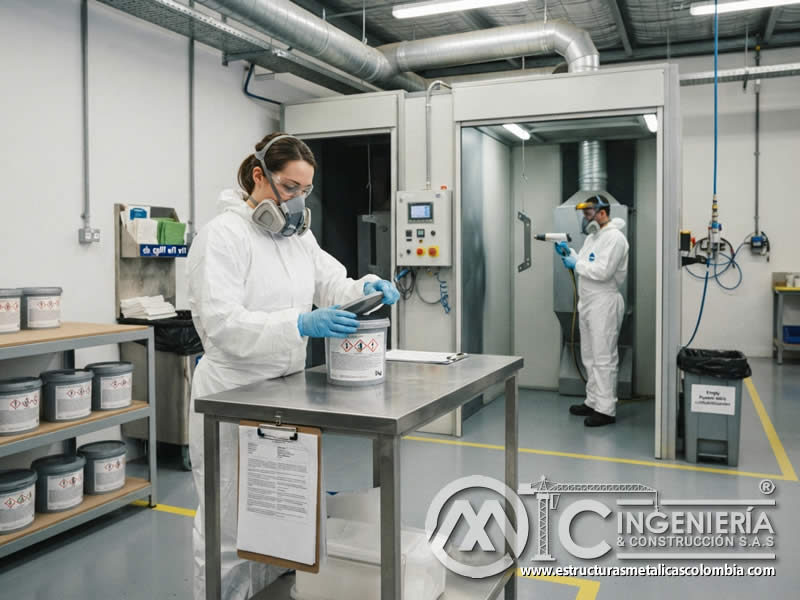 Etiquetado y señalización de productos químicos para pintura en polvo con identificación de riesgos y medidas preventivas en Bogotá, Colombia. Montajes, Ingeniería y Construcción. MIC SAS.