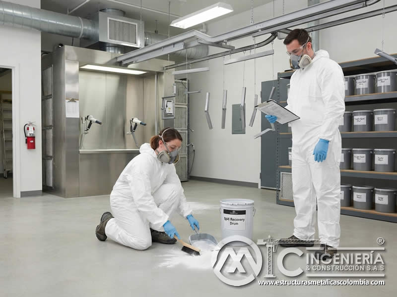 Procedimientos de emergencia y entrenamiento de seguridad laboral para incidentes en procesos de pintura en polvo en Bogotá, Colombia. Montajes, Ingeniería y Construcción. MIC SAS.