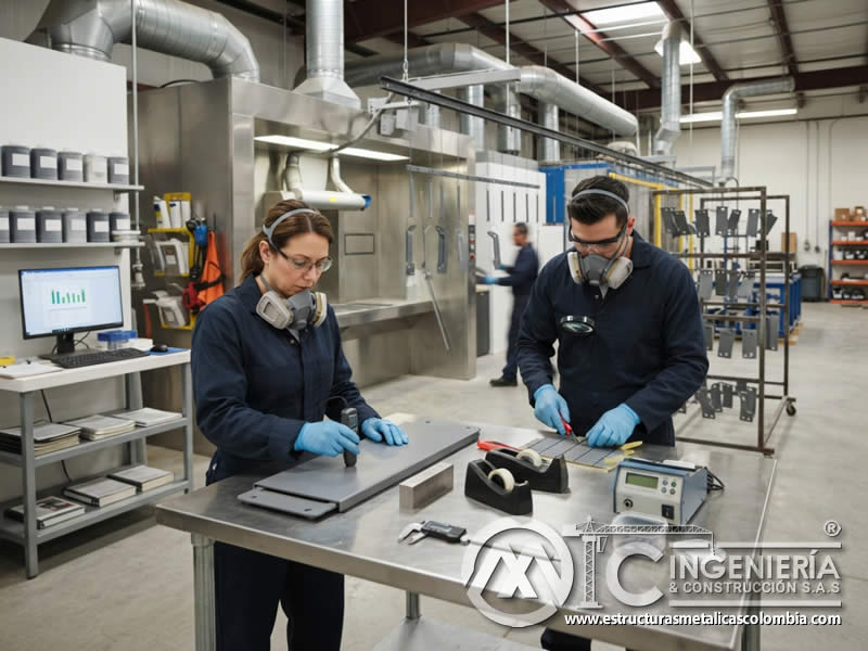 Pruebas de calidad de pintura en polvo para verificar espesor, adherencia, resistencia y conformidad normativa en Bogotá, Colombia. Montajes, Ingeniería y Construcción. MIC SAS.