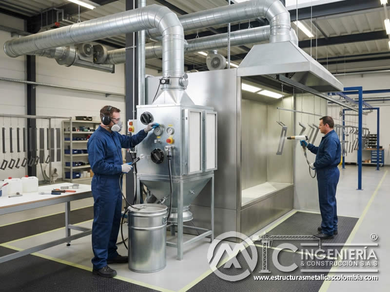 Sistemas de extracción de polvo en pintura electrostática con caudal, filtros y mantenimiento conforme a seguridad en Bogotá, Colombia. Montajes, Ingeniería y Construcción. MIC SAS.