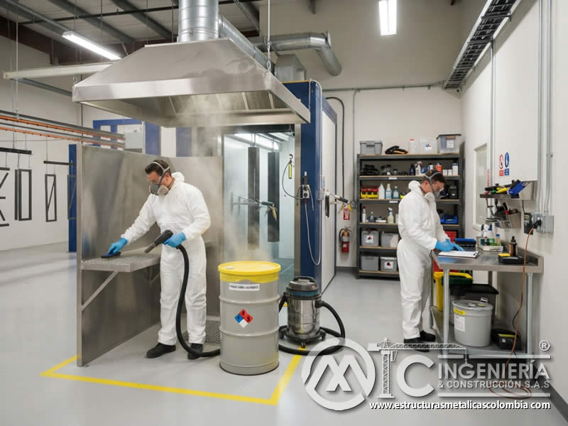 Áreas designadas para limpieza y eliminación de residuos de pintura en polvo con contenedores, ventilación y equipos adecuados en Bogotá, Colombia. Montajes, Ingeniería y Construcción. MIC SAS. Áreas designadas para limpieza y eliminación de residuos de pintura en polvo con contenedores, ventilación y equipos adecuados en Bogotá, Colombia. Montajes, Ingeniería y Construcción. MIC SAS.