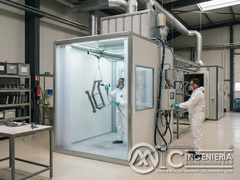 Cabinas cerradas para pintura en polvo electrostática con aislamiento del proceso, extracción localizada y protección del personal en Bogotá, Colombia. Montajes, Ingeniería y Construcción. MIC SAS. Cabinas cerradas para pintura en polvo electrostática con aislamiento del proceso, extracción localizada y protección del personal en Bogotá, Colombia. Montajes, Ingeniería y Construcción. MIC SAS.