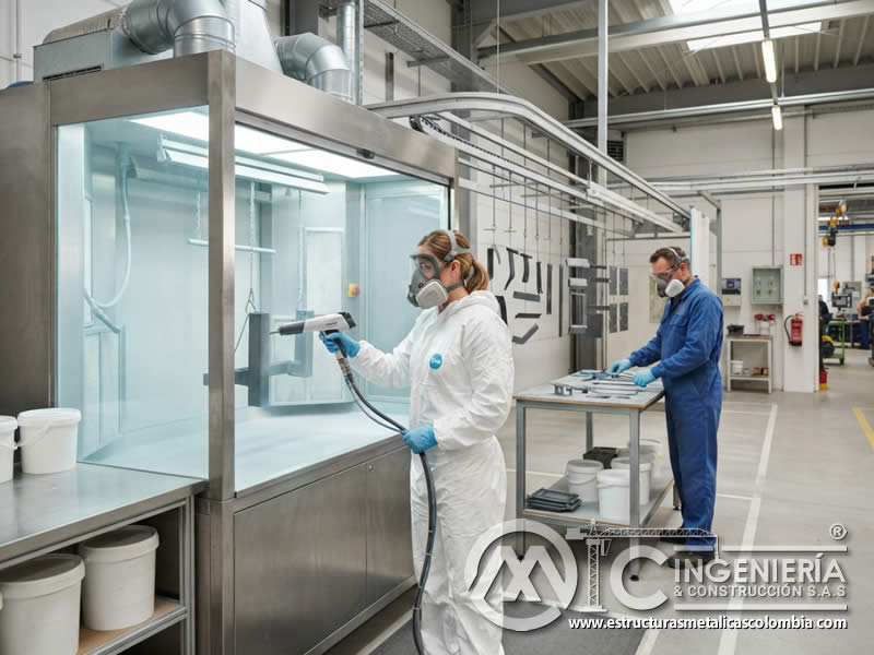 Equipos de protección personal para manipulación segura de pintura en polvo electrostática y control de riesgos laborales en Bogotá, Colombia. Montajes, Ingeniería y Construcción. MIC SAS. Equipos de protección personal para manipulación segura de pintura en polvo electrostática y control de riesgos laborales en Bogotá, Colombia. Montajes, Ingeniería y Construcción. MIC SAS.