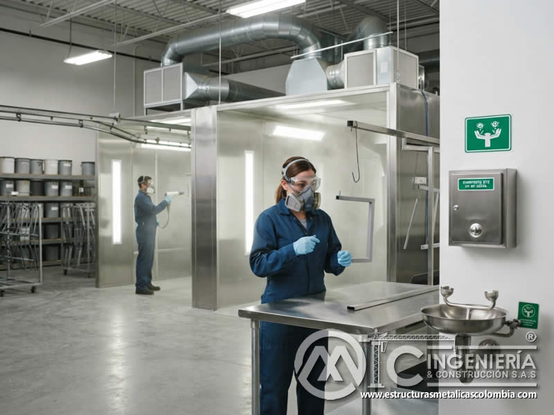 Prevención de irritación ocular en pintura en polvo con gafas envolventes, ventilación, limpieza y lavado de emergencia en Bogotá, Colombia. Montajes, Ingeniería y Construcción. MIC SAS. Prevención de irritación ocular en pintura en polvo con gafas envolventes, ventilación, limpieza y lavado de emergencia en Bogotá, Colombia. Montajes, Ingeniería y Construcción. MIC SAS.
