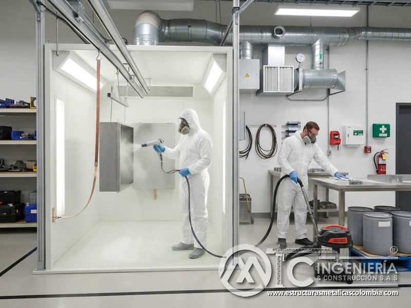 Medidas de seguridad adicionales para trabajadores en aplicación de pintura en polvo electrostática, combinando ventilación eficaz, EPP, limpieza del polvo acumulado, puesta a tierra, capacitación y control de fuentes de ignición en Bogotá, Colombia. Montajes, Ingeniería y Construcción. MIC SAS. Medidas de seguridad adicionales para trabajadores en aplicación de pintura en polvo electrostática, combinando ventilación eficaz, EPP, limpieza del polvo acumulado, puesta a tierra, capacitación y control de fuentes de ignición en Bogotá, Colombia. Montajes, Ingeniería y Construcción. MIC SAS.