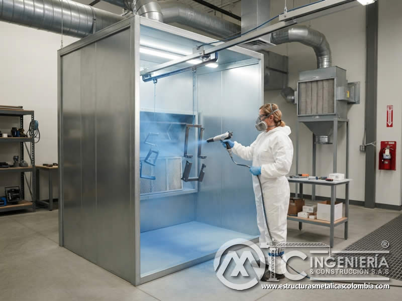 Ventilación localizada para seguridad de trabajadores en pintura en polvo electrostática, capturando partículas y vapores cerca del punto de emisión antes de que ingresen a la zona respiratoria del operario en Bogotá, Colombia. Montajes, Ingeniería y Construcción. MIC SAS. Ventilación localizada para seguridad de trabajadores en pintura en polvo electrostática, capturando partículas y vapores cerca del punto de emisión antes de que ingresen a la zona respiratoria del operario en Bogotá, Colombia. Montajes, Ingeniería y Construcción. MIC SAS.