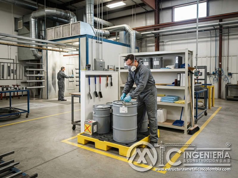 Almacenamiento temporal de residuos de pintura en polvo con contenedores herméticos, áreas impermeables y trazabilidad en Bogotá, Colombia. Montajes, Ingeniería y Construcción. MIC SAS. Almacenamiento temporal de residuos de pintura en polvo con contenedores herméticos, áreas impermeables y trazabilidad en Bogotá, Colombia. Montajes, Ingeniería y Construcción. MIC SAS.