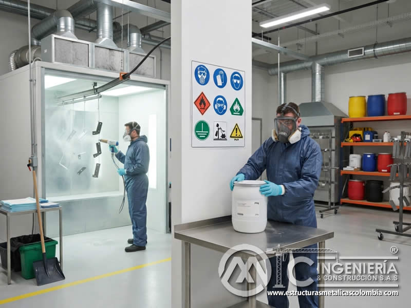 Advertencias de seguridad y precauciones en etiquetas de pintura en polvo electrostática para informar riesgos, EPP requerido, manipulación, ventilación, almacenamiento, contacto accidental, derrames y respuesta preventiva en Bogotá, Colombia. Montajes, Ingeniería y Construcción. MIC SAS.