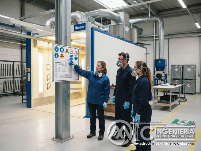 Capacitación del personal en interpretación y comprensión de etiquetas y señales de seguridad de pintura en polvo electrostática, enseñando riesgos, pictogramas, EPP, rutas, emergencias, almacenamiento y conducta preventiva en Bogotá, Colombia. Montajes, Ingeniería y Construcción. MIC SAS.