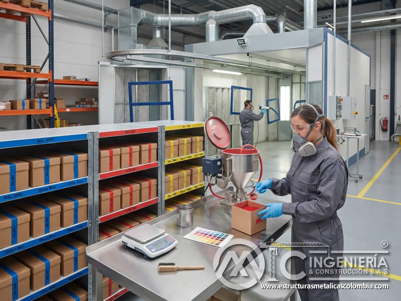 Estándares de colores para etiquetar diferentes tipos de pintura en polvo electrostática, facilitando identificación visual, separación de materiales, prevención de mezclas, selección correcta y control operativo en Bogotá, Colombia. Montajes, Ingeniería y Construcción. MIC SAS.