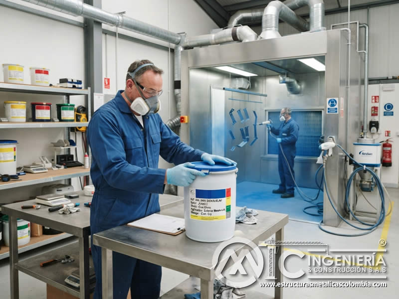 Etiqueta de contenedor de pintura en polvo electrostática con color específico para evitar errores de uso, indicando referencia, lote, tonalidad, condiciones de manejo, aplicación prevista, compatibilidad y almacenamiento seguro en Bogotá, Colombia. Montajes, Ingeniería y Construcción. MIC SAS.