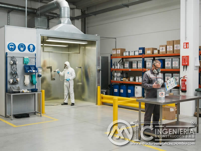 Etiquetado de áreas donde se almacena o utiliza pintura en polvo electrostática para indicar peligros potenciales, restringir acceso, orientar EPP, diferenciar zonas, prevenir exposición y apoyar emergencias en Bogotá, Colombia. Montajes, Ingeniería y Construcción. MIC SAS.