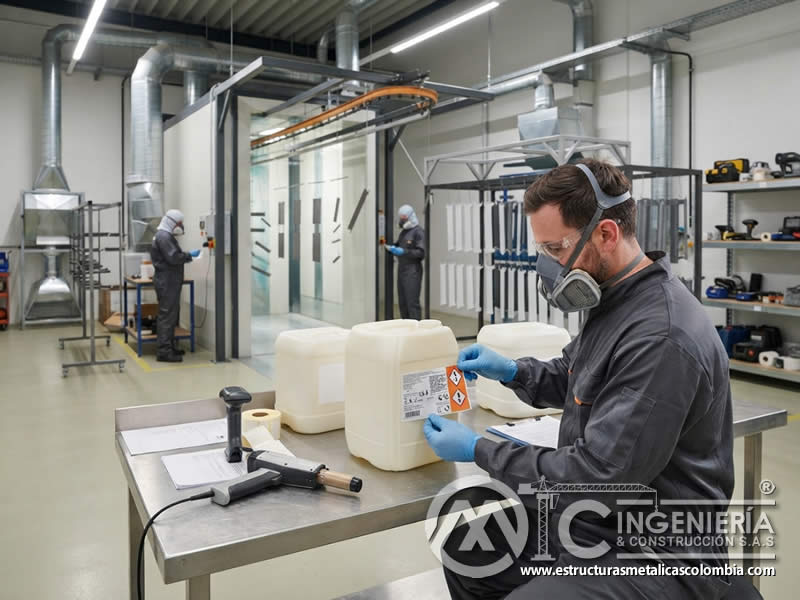 Etiquetado adecuado de contenedores de pintura en polvo electrostática en entorno industrial para identificar material, prevenir errores, orientar manipulación segura, facilitar trazabilidad, proteger trabajadores y controlar riesgos en Bogotá, Colombia. Montajes, Ingeniería y Construcción. MIC SAS.
