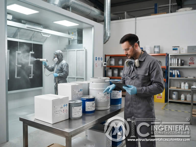 Información clave en etiquetas de contenedores de pintura en polvo electrostática para identificación precisa, incluyendo tipo de material, color, lote, fecha, riesgos, manejo, almacenamiento y uso seguro en Bogotá, Colombia. Montajes, Ingeniería y Construcción. MIC SAS.