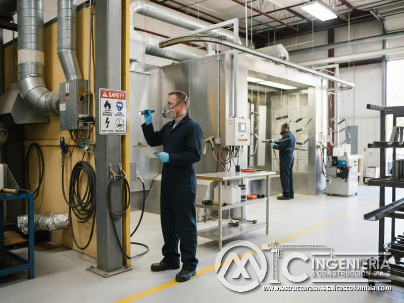Inspecciones regulares para garantizar que señales de seguridad de pintura en polvo electrostática estén en buen estado, verificando limpieza, visibilidad, fijación, deterioro, iluminación, ubicación, vigencia y reemplazo oportuno en Bogotá, Colombia. Montajes, Ingeniería y Construcción. MIC SAS.