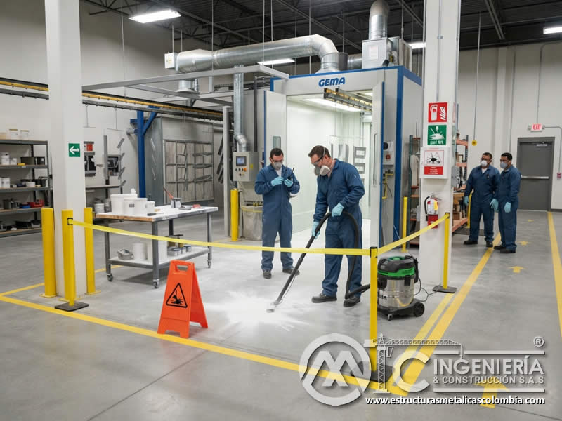 Protocolos de señalización de emergencia en derrames o incidentes con pintura en polvo electrostática, delimitando áreas, rutas, restricciones, puntos de respuesta, evacuación, comunicación visual y control de acceso en Bogotá, Colombia. Montajes, Ingeniería y Construcción. MIC SAS.