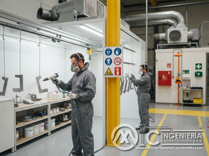 Señalización de seguridad visible en áreas donde se manipula o almacena pintura en polvo electrostática, orientando rutas, EPP, riesgos, restricciones, emergencias, limpieza, ventilación y comportamiento seguro en Bogotá, Colombia. Montajes, Ingeniería y Construcción. MIC SAS.