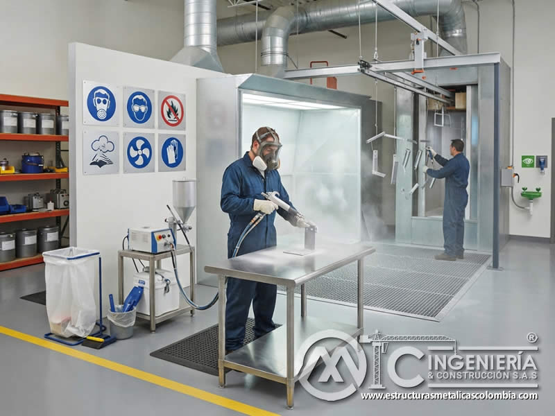 Simbología específica en señales de seguridad para áreas con riesgo de exposición a pintura en polvo electrostática, indicando protección respiratoria, ocular, inflamabilidad, polvo suspendido, ventilación y restricciones en Bogotá, Colombia. Montajes, Ingeniería y Construcción. MIC SAS.