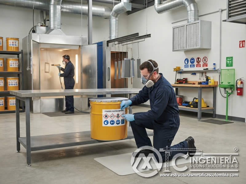 Simbología e iconos de seguridad en etiquetas de pintura en polvo electrostática para indicar riesgos potenciales, inflamabilidad, irritación, uso de EPP, polvo combustible, ventilación, manipulación segura y emergencias en Bogotá, Colombia. Montajes, Ingeniería y Construcción. MIC SAS.
