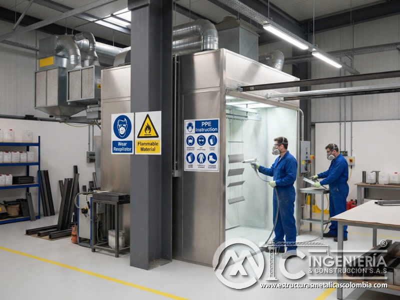 Estándares de tamaño y ubicación de señales de seguridad relacionadas con pintura en polvo electrostática, asegurando visibilidad, distancia de lectura, altura adecuada, iluminación, acceso, durabilidad y mantenimiento en Bogotá, Colombia. Montajes, Ingeniería y Construcción. MIC SAS.