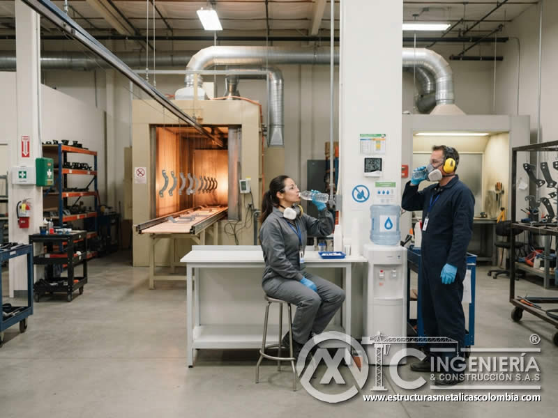 Control de estrés térmico por altas temperaturas en curado de pintura en polvo con hidratación, pausas y ventilación en Bogotá, Colombia. Montajes, Ingeniería y Construcción. MIC SAS. Control de estrés térmico por altas temperaturas en curado de pintura en polvo con hidratación, pausas y ventilación en Bogotá, Colombia. Montajes, Ingeniería y Construcción. MIC SAS.