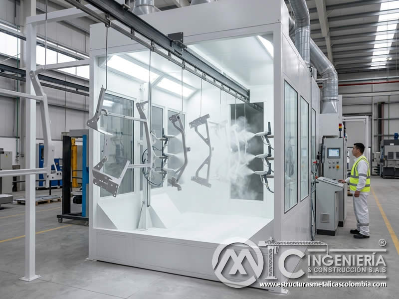 Aplicación automática de pintura en polvo en línea de producción industrial para uniformidad y productividad en Bogotá, Colombia. Montajes, Ingeniería y Construcción. MIC SAS. Aplicación automática de pintura en polvo en línea de producción industrial para uniformidad y productividad en Bogotá, Colombia. Montajes, Ingeniería y Construcción. MIC SAS.