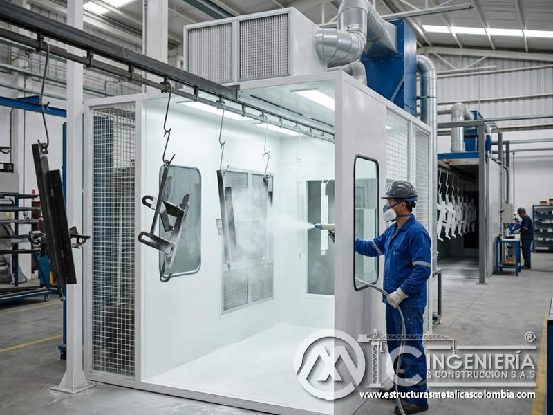 Cabina de aplicación de pintura en polvo en línea de producción industrial con control del recubrimiento en Bogotá, Colombia. Montajes, Ingeniería y Construcción. MIC SAS. Cabina de aplicación de pintura en polvo en línea de producción industrial con control del recubrimiento en Bogotá, Colombia. Montajes, Ingeniería y Construcción. MIC SAS.