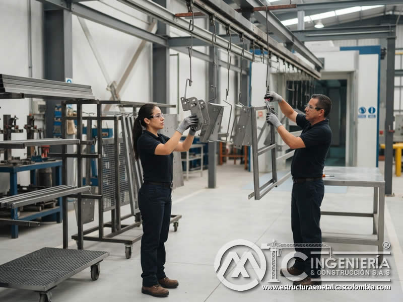 Carga de piezas metálicas en línea de producción de pintura en polvo con colgado, distancia y orientación correcta en Bogotá, Colombia. Montajes, Ingeniería y Construcción. MIC SAS. Carga de piezas metálicas en línea de producción de pintura en polvo con colgado, distancia y orientación correcta en Bogotá, Colombia. Montajes, Ingeniería y Construcción. MIC SAS.